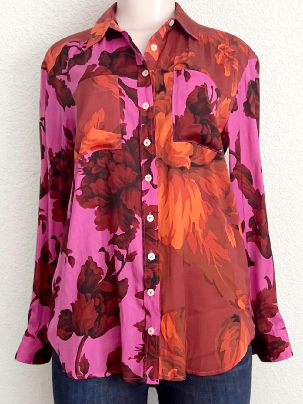 By Anthropologie Colorblock Floral Button Down Shirt Blouse Pink Orange Small